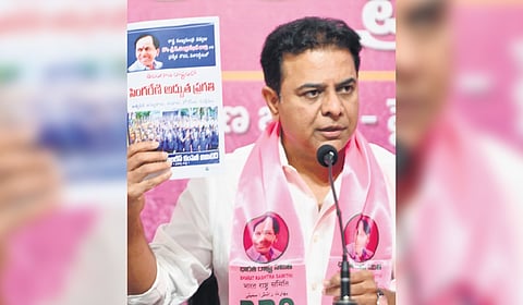 BRS working president KT Rama Rao speaks during a press meet at the party office in Hyderabad on Sunday