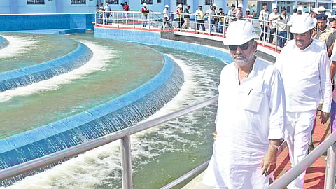 DCM D K Shivakumar inspects the TK halli water treatment plant, a key part of the Cauvery Stage V network, on Monday | Vinod Kumar T