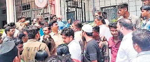 Parents stage a protest at the Jeevadan School in Kamareddy on Tuesday
