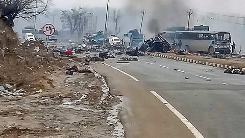 Debris at the site where militants attacked a CRPF convoy in the Goripora area of Pulwama district on February 14, 2019, resulting in the deaths of 40 CRPF personnel.