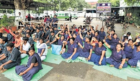 Capital Hospital’s sanitary workers staging dharna