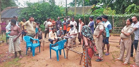 Police and forest personnel at Uludihi to investigate the death of a woman after being trampled by elephant in Rasgovindpur range.
