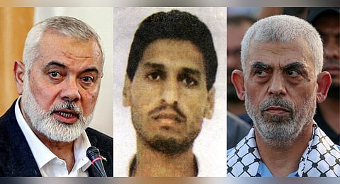 (L/R): Slain Hamas leader Ismail Haniyeh was the Doha-based political bureau chief of the Palestinian Islamist movement; Palestinian military leader of the radical Hamas movement, Mohammed Deif (C), who has been arrested by Palestinian police, according to a report by Israeli televsion late May 14, 2000, and head of the political wing of the Palestinian Hamas movement in the Gaza Strip Yahya Sinwar (R) attends a rally in support of Jerusalem's al-Aqsa mosque in Gaza City on October 1, 2022.