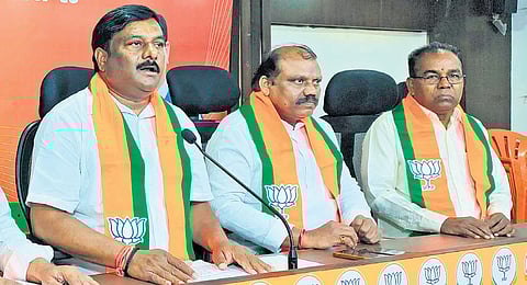 BJLP leader A Maheshwar Reddy addresses the press in Hyderabad on Tuesday