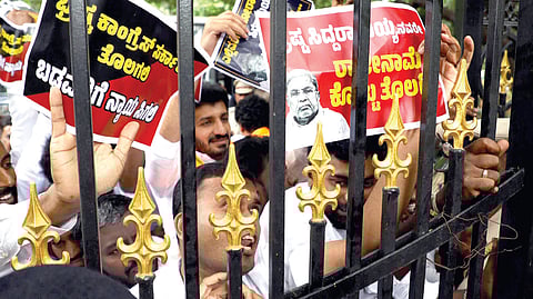 BJP Yuva Morcha workers protest in Bengaluru on Wednesday