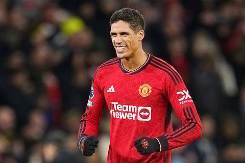 Manchester United's Raphael Varane celebrates during an English Premier League soccer match.