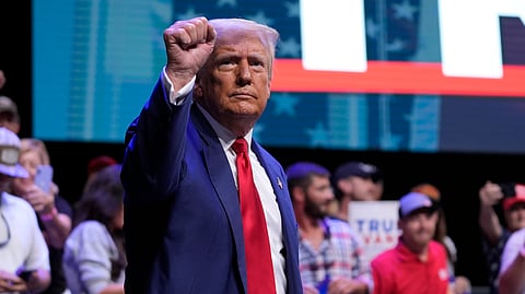 Republican presidential nominee and former US President Donald Trump arrives to speak at the Johnny Mercer Theatre Civic Center, Tuesday, Sept. 24, 2024, in Savannah, Ga.