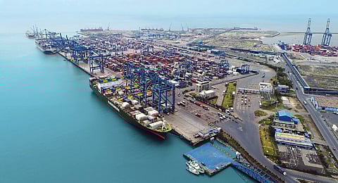 An aerial view of India's first private port, the Mundra port, in Kutch, Gujarat.