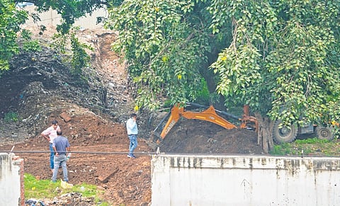 A bulldozer being used to dig an area at the Shahi Idgah Park on Wednesday