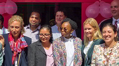 Foreign delegates visit a polling booth to witness the polling process during the second phase of Jammu & Kashmir Assembly.