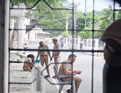 Police personnel at the entrance of the Madras Race Club