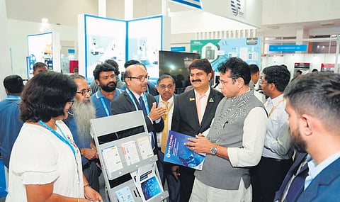 IT Minister D Sridhar Babu interacts with participants during the three-day trade fair at the Hitex Exhibition Centre in Hyderabad on Thursday.