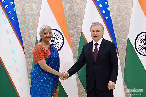 Finance Minister Nirmala Sitharaman with Uzbekistan President Shavkat Mirziyoyev