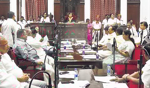 Chennai Mayor Priya Rajan addressing the corporation council at the Ripon Buildings on Friday