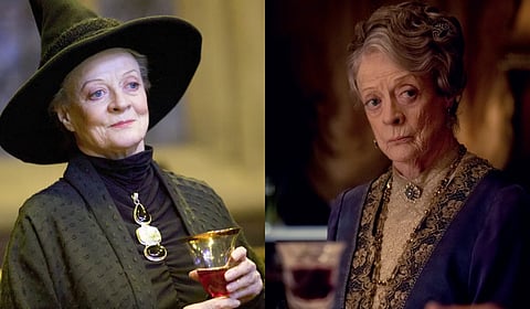 English actress Dame Maggie Smith known for her roles as Professor Minerva McGonagall in the Harry Potter films (L) and dowager Countess of Grantham in Downton Abbey (R)