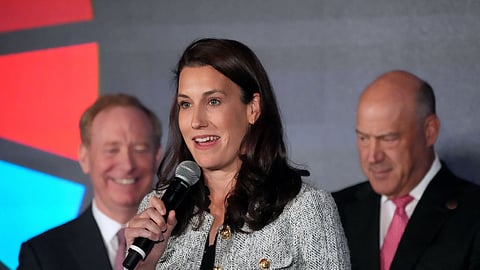 Sarah Heck of Anthropic (C) speaks at the Advancing Sustainable Development through Safe, Secure, and Trustworthy AI Event at Grand Central Terminal on September 23, 204 in New York.