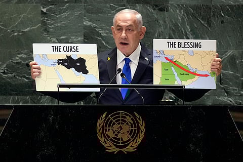 Israel Prime Minister Benjamin Netanyahu addresses the 79th session of the United Nations General Assembly, Friday, Sept. 27, 2024.