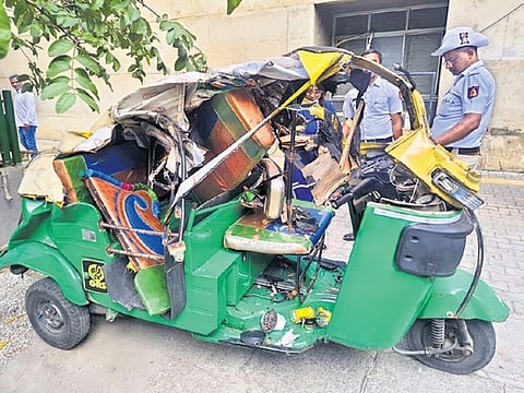 The mangled remains of the autorickshaw involved in the accident