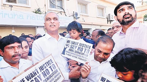 BRS MLA T Harish Rao, along with party cadre and leaders, visits the affected people in Hyderabad on Sunday