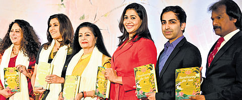 Lakshmi Murdeshwar Puri (third from left), wife of Union Minister Hardeep Singh Puri, at the release of her debut novel ‘Swallowing the Sun’ in Bengaluru on Sunday. Author Anita Nair, entrepreneur Gitanjali Kirloskar, sportpersons
Anju Bobby George, Pankaj Advani and Dhanraj Pillai look on