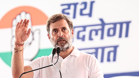 Congress leader Rahul Gandhi addresses the public meeting ahead of Haryana Assembly elections, at Barwala, in Hisar, Sept. 26, 2024.