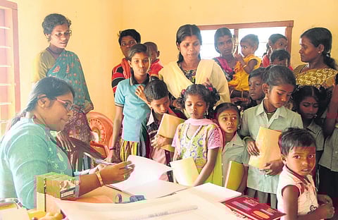 The medical camp organised under the leadership of paediatrician Lola Paulose
at a tribal settlement inside Chinnar Wildlife Sanctuary in Idukki.