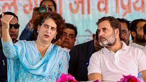 Leader of Oppostion in Lok Sabha and Congress leader Rahul Gandhi with party leader Priyanka Gandhi during a public meeting for Haryana Assembly elections, at Naraingarh.