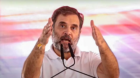 Leader of Opposition in Lok Sabha and Congress leader Rahul Gandhi speaks during a public meeting for Haryana Assembly elections at Naraingarh, in Ambala district, Haryana, Monday, Sept. 30, 2024.