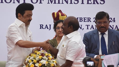 CM Stalin greets Minister Govi Chezhiyan at Raj Bhavan on Sept. 29, 2024.
