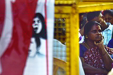 Sanitation workers staging a protest against privatization and various other demands at Chennai Collectorate on Sept 30, 2024.