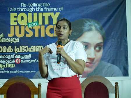 Film actor Padmapriya speaking at the seminar at Government College Madappally on Tuesday