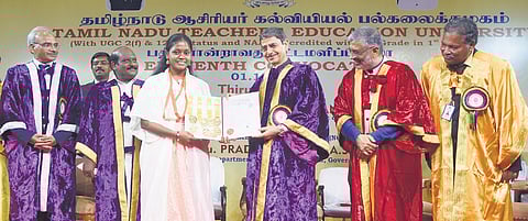 Governor RN Ravi distributing certificates at the 11th convocation of Tamil Nadu Teachers Education University in Chennai on Tuesday