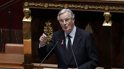France's Prime Minister Michel Barnier delivers a speech at the National Assembly in Paris.