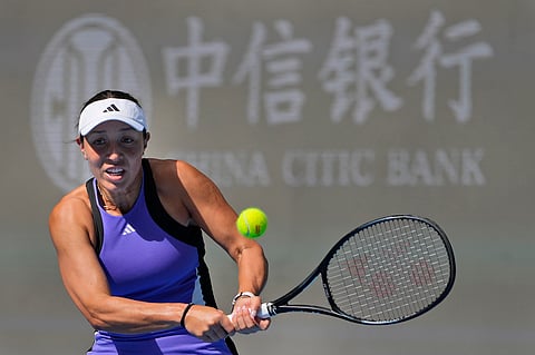 Jessica Pegula of the United States returns a shot from Paula Badosa of Spain in a women's singles match for the China Open tennis tournament held at the National Tennis Center in Beijing on Tuesday.