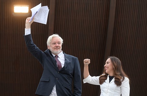 Wikileaks founder Julian Assange and his wife Stella Assange arrive at the Council of Europe in Strasbourg, eastern France, Tuesday, Oct. 1, 2024.