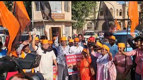 Hindu Mahasabha workers protest against the upcoming India vs. Bangladesh T20 in Gwalior on Wednesday.