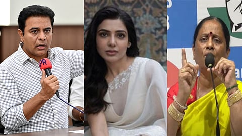 (L to R) A collage of BRS Working President KT Rama Rao, Actor Samantha Ruth Prabhu, and Telangana minister Konda Surekha.