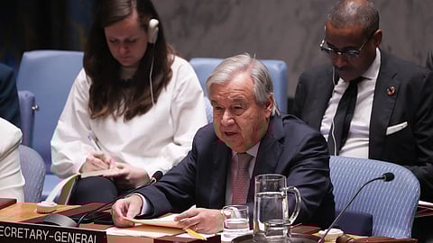 UN Secretary General AntĂłnio Guterres looks on at a Security Council meeting on the situation in the Middle East at the United Nations headquarters on October 2, 2024, in New York.