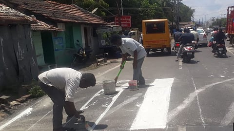 State highways department painted the white strips on the speed breaker near Selvapuram where two accidents reported on Sunday, due to the absence of the indication.