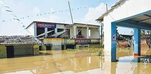 A Jalai police station partially submerged due to floods in Saharsa.