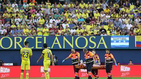 Barcelona's goalkeeper Marc-Andre ter Stegen is removed from the pitch on a stretcher after picking up an injury during a Spanish La Liga soccer match against Villarreal at the La Cerámica stadium in Villarreal