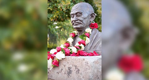 A bust of Mahatma Gandhi after being unveiled at the Seattle Center on the freedom fighter's birth anniversary, in Seattle, Washington.