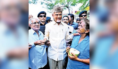 Chief Minister Nara Chandrababu Naidu takes part in the Swachhta Hi Seva programme in Machilipatnam on Wednesday
