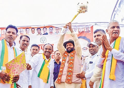Haryana CM Nayab Saini with BJP supporters in Bhiwani district on Thursday.