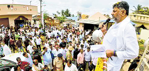 DyCM DK Shivakumar addresses a gathering at Makali village in Channapatna on Friday