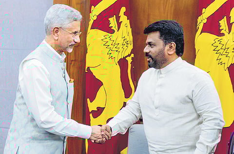 Sri Lankan President Anura Kumara Dissanayake meets External Affairs Minister S Jaishankar during their meeting in Colombo, Sri Lanka, on Friday.
