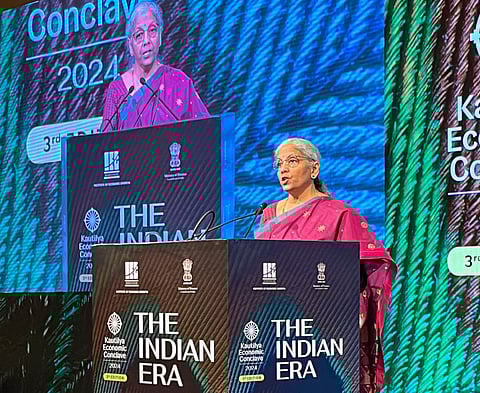 Union Finance Minister Nirmala Sitharaman addresses the third edition of Kautilya Economic Conclave (KEC 2024), in New Delhi.