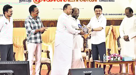 Chief Minister MK Stalin releasing books authored by DMK’s RS floor leader Tiruchy Siva at Kalaivanar Arangam in Chennai on Saturday
