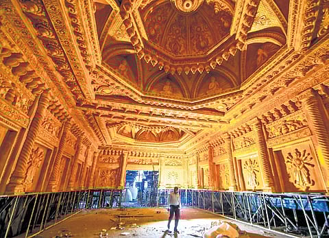 Workers engaged in construction of the pandal at Rasulgarh in Bhubaneswar