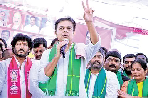 BRS MLA KT Rama Rao addresses a farmers meeting at Maheshwaram on Saturday